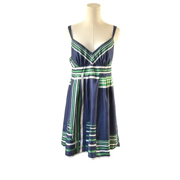 Guess Jeans Dress Womens Size 13 Blue Green White Stripe Sleeveless V Neck Silk - Picture 1 of 11